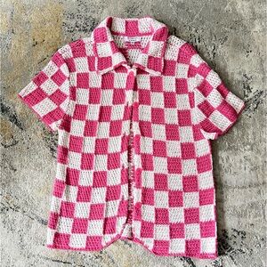FRANKIES BIKINIS PINK CHECKERED CROCHET BUTTON DOWN TOP